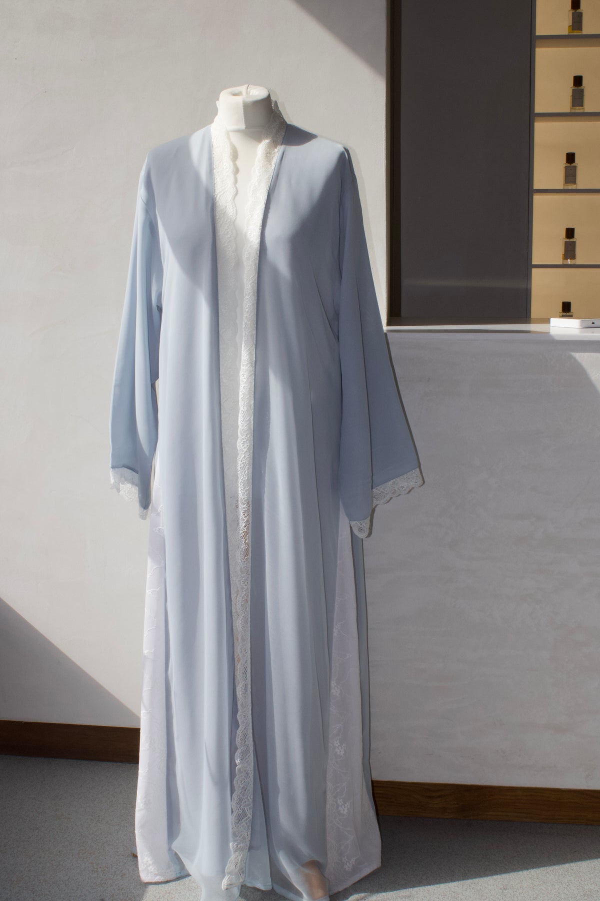 Powder Blue Chiffon Lace Abaya